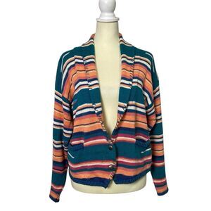 Vintage Santa Fe Ramie Cotton Blend Colorful Knit Cardigan Women's size Large